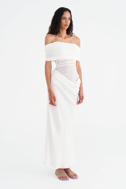 Off Shoulder Ruched Mesh Waist Panel Draped Overlay Maxi Gown