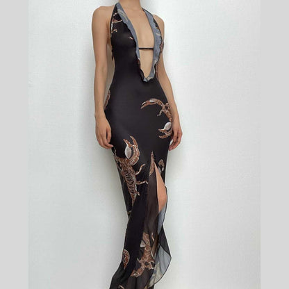 Scorpion Print Plunge Halter Ruffle Trim High Slit Maxi Dress