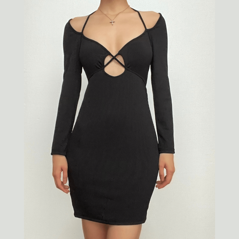 Halter Neck Criss Cross Strap Keyhole Cold Shoulder Rib Knit Mini Dress