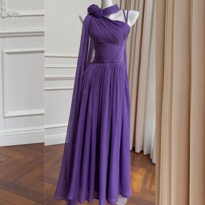 Pastrol Chiffon Flower A-line One-shoulder Midi Dresses Homecoming Dresses Formal Casual Simple Retro Fashion Elegant Exquisite