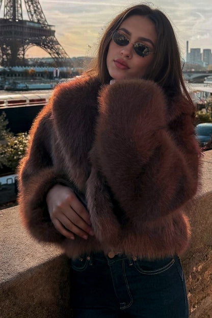 Slouchy Lapel Thick Faux Fur Effect Plush Winter Coat