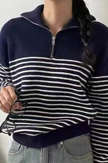 Striped Half Zip Knit Pullover Sweater