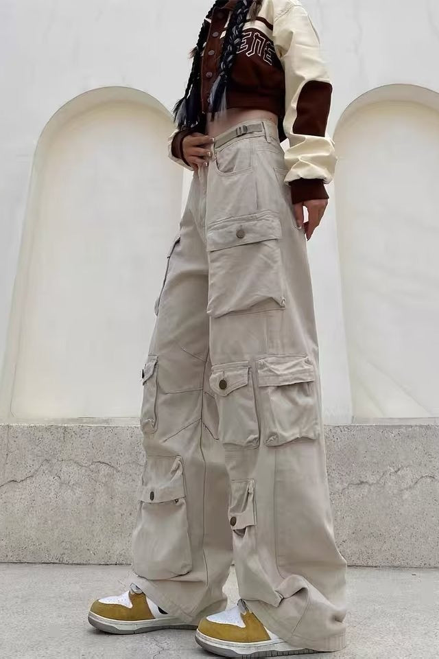 Street Style Multi-Pocket Wide Leg Cargo Straight Slim Pants