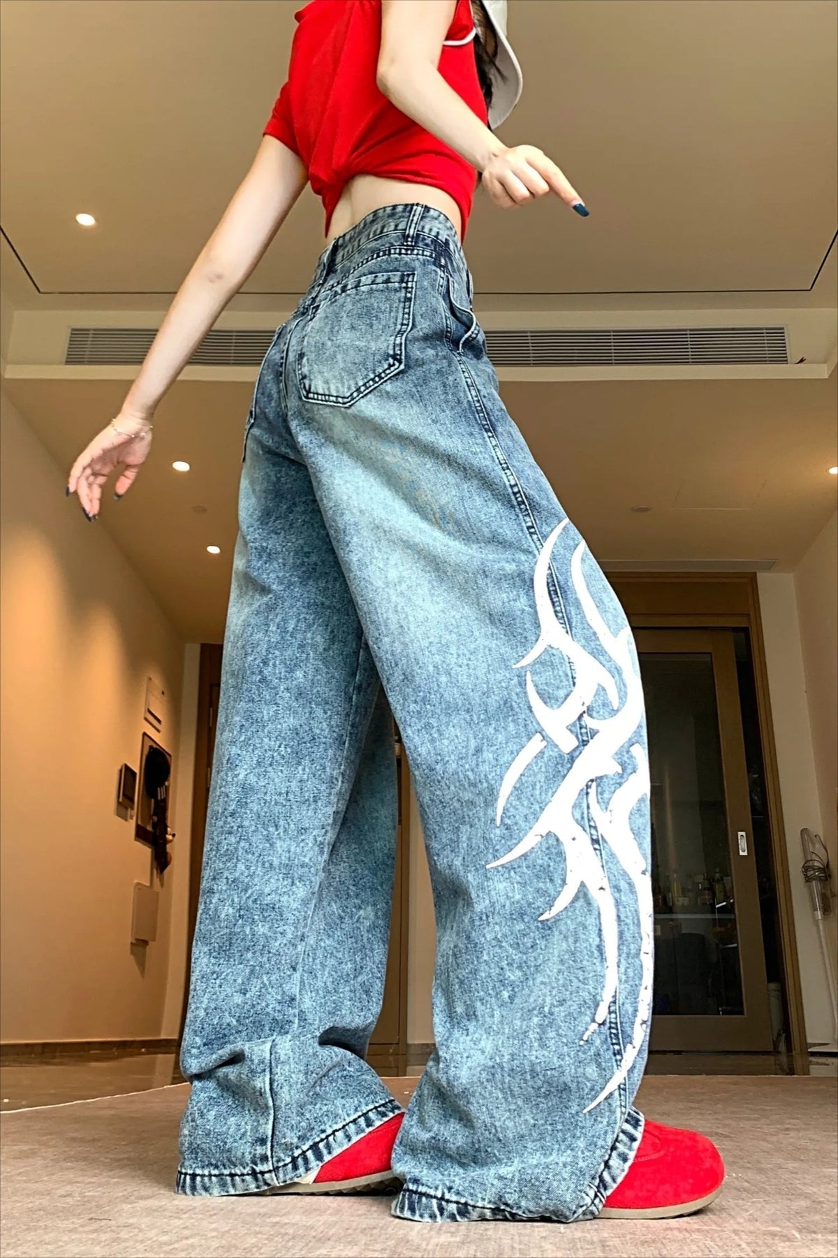 Blade Print Distressed Straight Leg Jeans