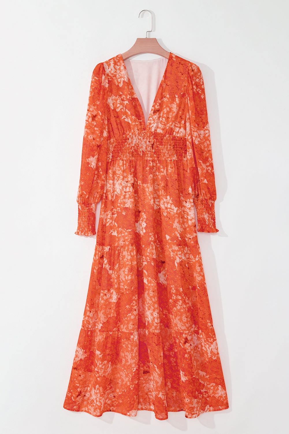 Floral Print Smocked Waist V-Neck Bishop Sleeve Tiered Maxi Dress