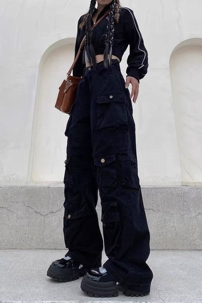 Street Style Multi-Pocket Wide Leg Cargo Straight Slim Pants