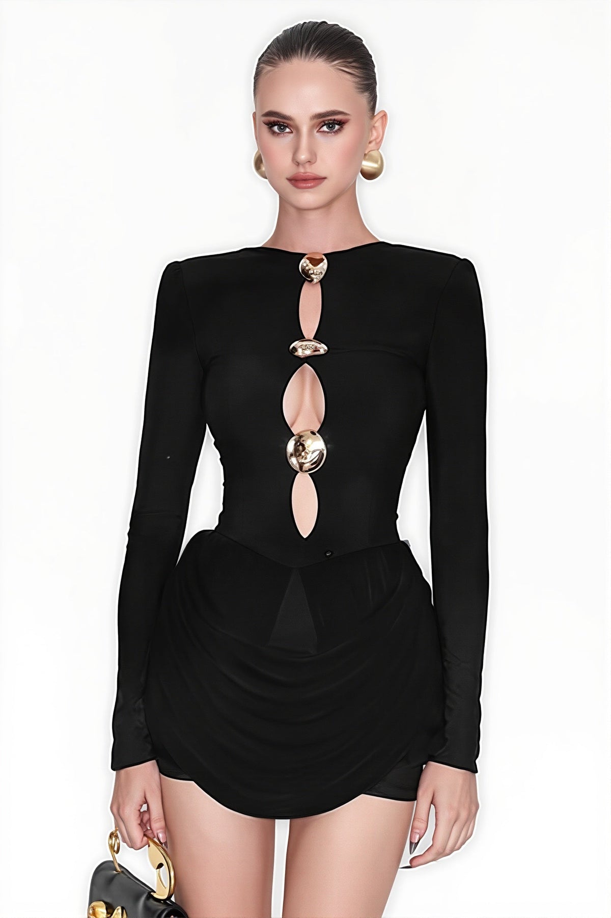 Almond Cutout Dome Hardware Draped Wrap Tulip Hem Long Sleeve Mini Dress