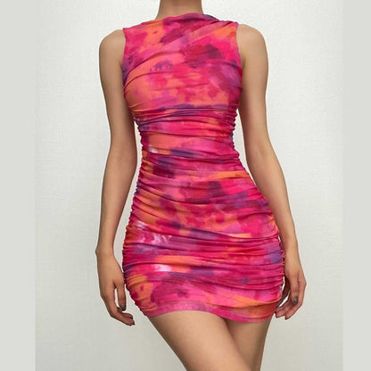 Crewneck Sleeveless Ruched Abstract Tie Dye Mesh Mini Dress