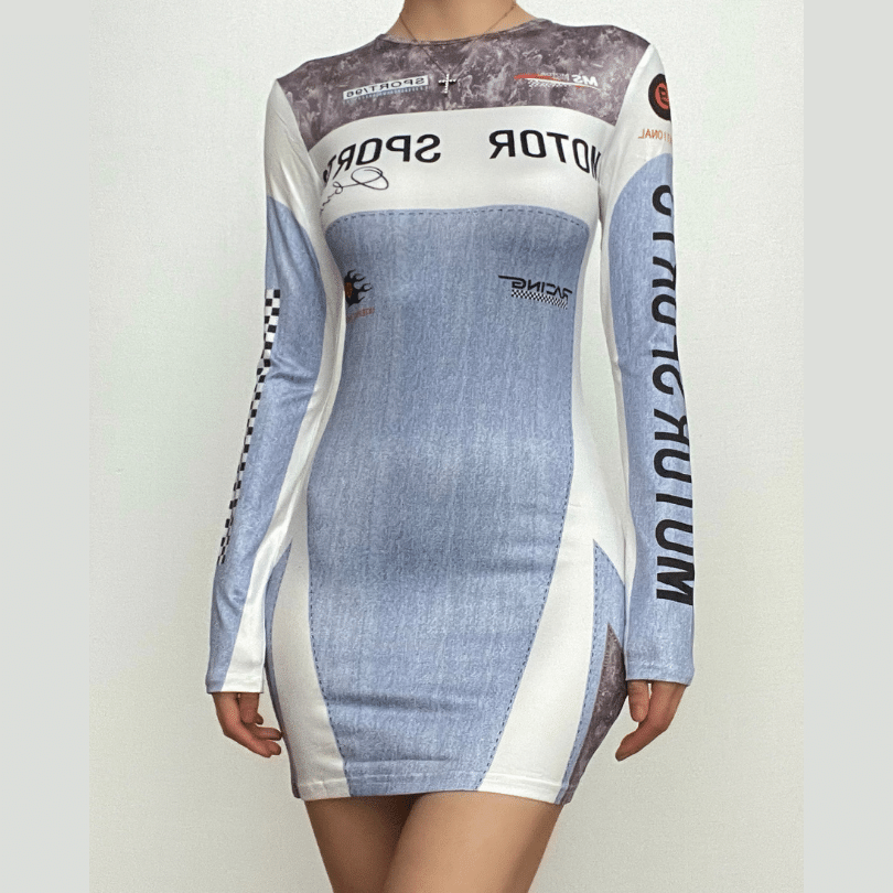 Motorsport Print Long Sleeve Crew Neck Patchwork Bodycon Mini Dress
