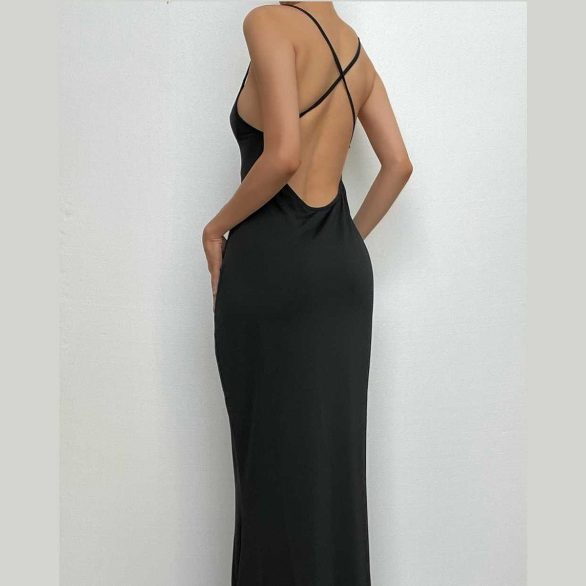 Cross Back Spaghetti Strap Cowl Back Satin Maxi Dress