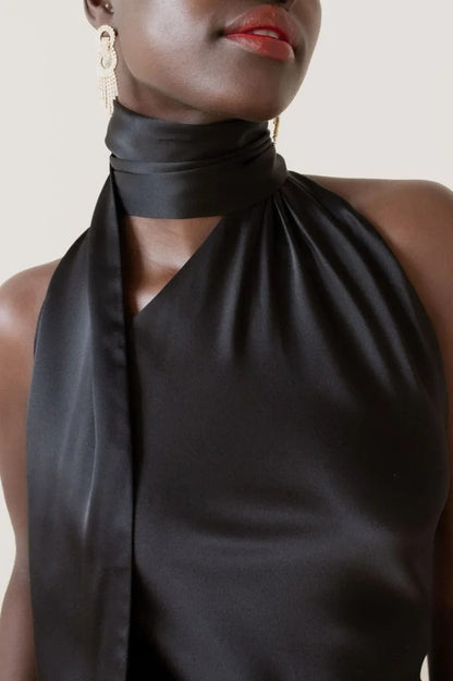 Satin Halter Neck Draped Sash Gathered Mini Dress