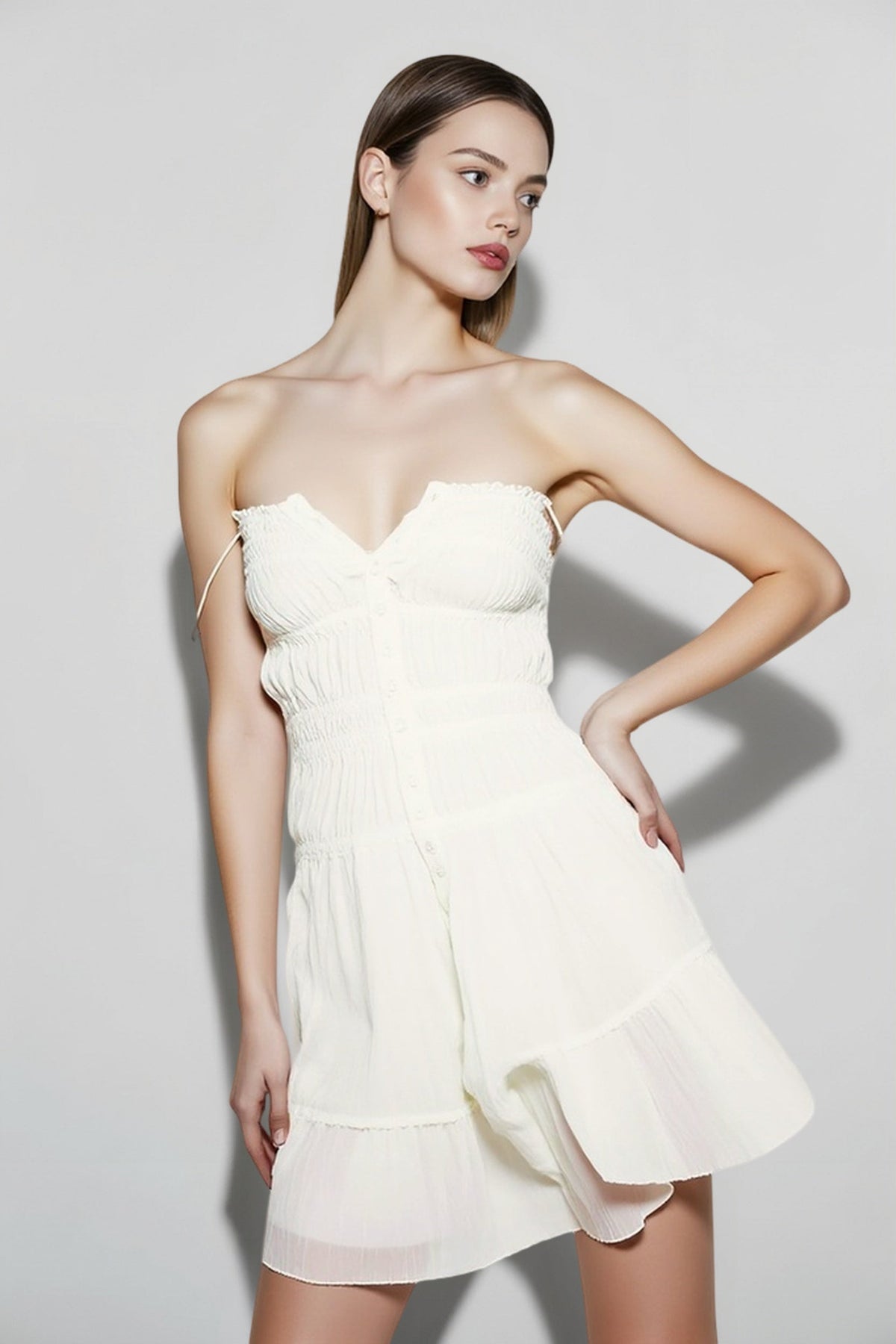 Smocked Button Front Spaghetti Strap Mesh Tiered Mini Dress