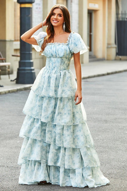 Blue Off Shoulder Ruffle Corset Bodice Tiered Ruffle Floral Print Maxi Dress