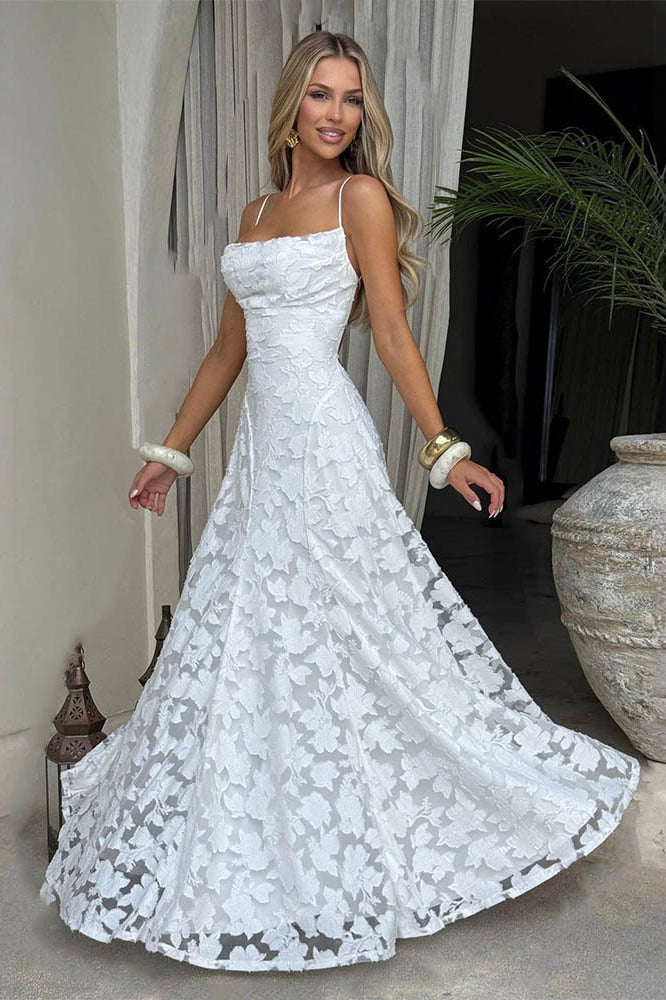 Square Neck Spaghetti Strap Ruched Burnout Floral Lace Maxi Dress