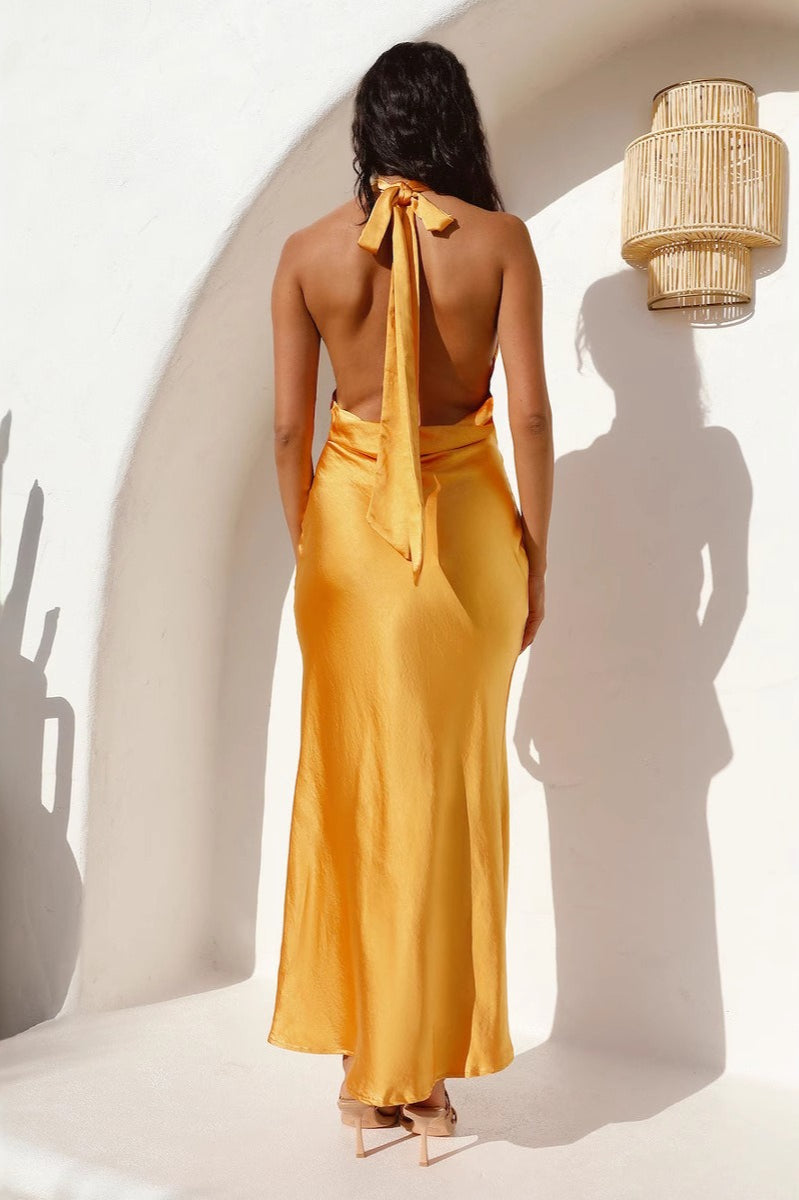 Halter Satin Solid Slim-Fit Cocktail Silk Dress