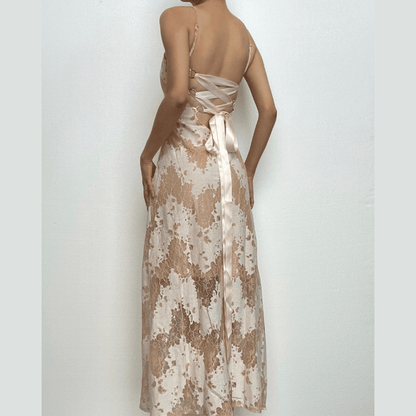 Floral Lace Open Back Ribbon Corset Lace Up Maxi Dress
