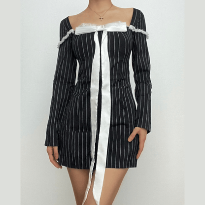 Square Neck Pinstripe Lace Trim Oversized Bow Long Sleeve Mini Dress