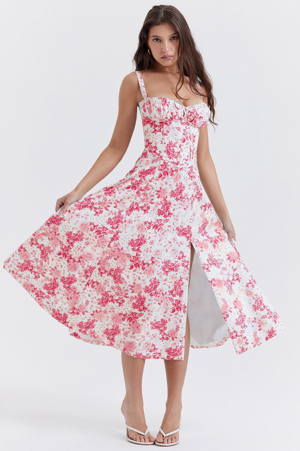 Wide Strap Sweetheart Ruched Bust Toile Floral Print A-Line Midi Dress