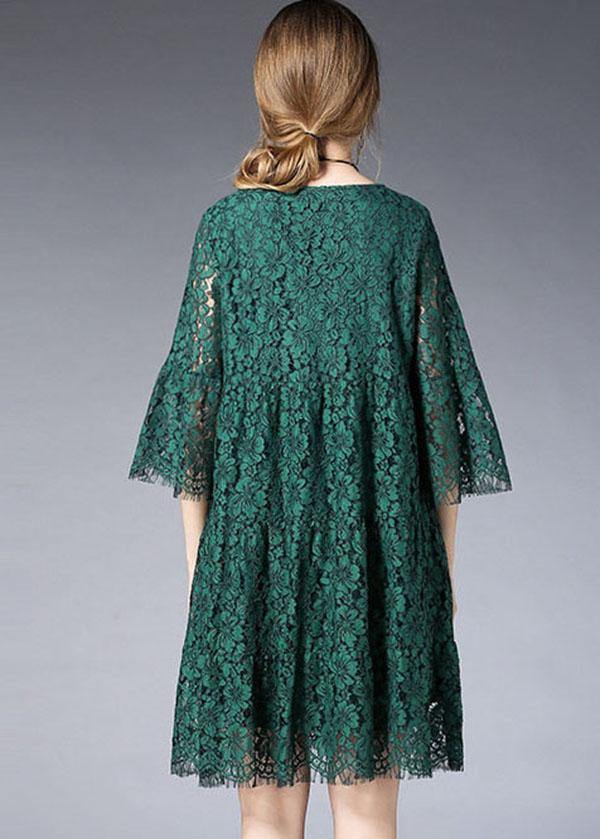 Round Neck Three Quarter Bell Sleeve Eyelash Lace Tiered Babydoll Mini Dress