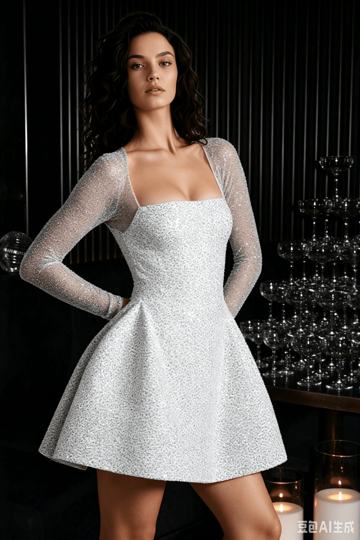 Square Neck Sheer Mesh Long Sleeve Sequin Flared Mini Dress
