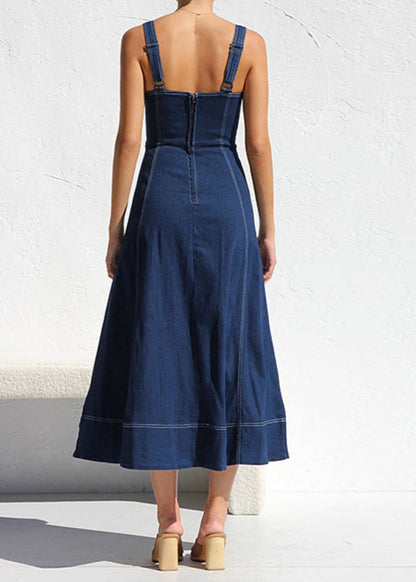 Denim Square Neck Button Front Patch Pocket Midi Dress