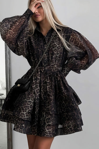 Collared Button Front Sheer Print Puff Sleeve Tiered Ruffle Mini Shirt Dress