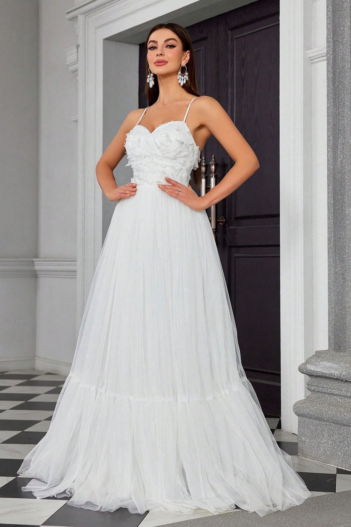 Spaghetti Bandeau Butterfly Tulle Elegant Reception Dress