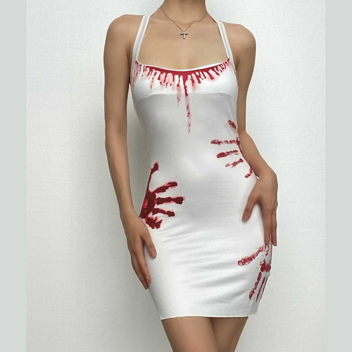 Halter Bloody Handprint Graphic Bodycon Mini Dress