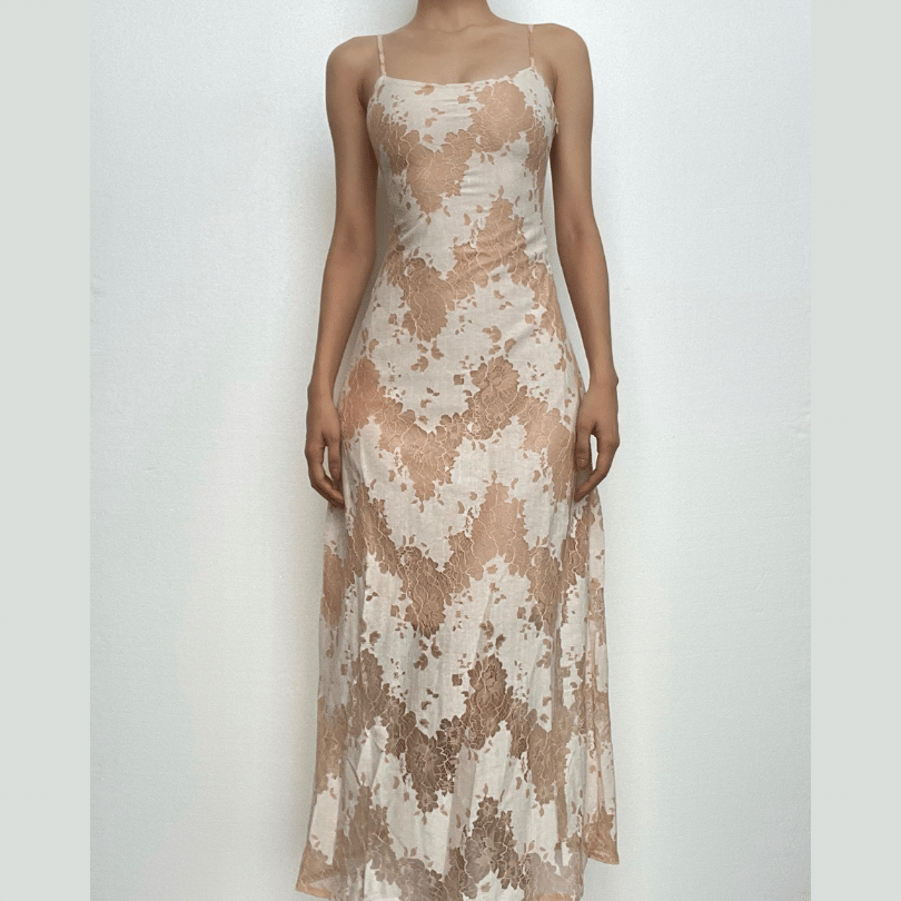 Floral Lace Open Back Ribbon Corset Lace Up Maxi Dress