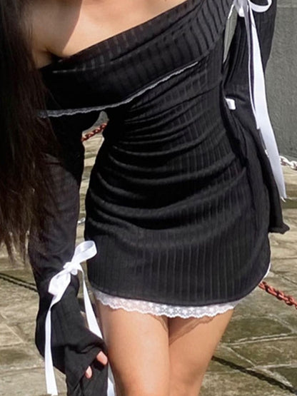 Off Shoulder Rib Knit Lace Trim Ribbon Bow Long Sleeve Mini Dress