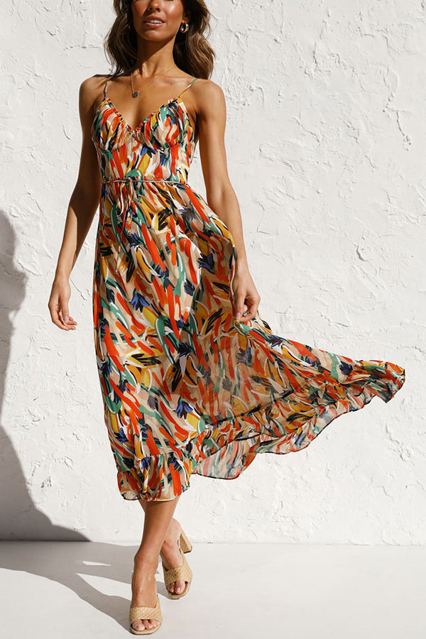 Abstract Print Spaghetti Strap V-Neck Drawstring Waist Tiered Ruffle Midi Dress