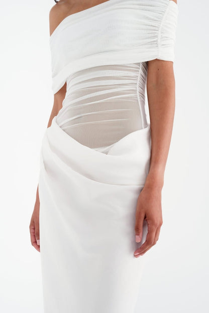 Off Shoulder Ruched Draped Mesh Panel Asymmetric Maxi Gown