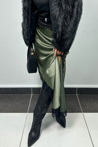 Asymmetric Satin Lace Midi Skirt
