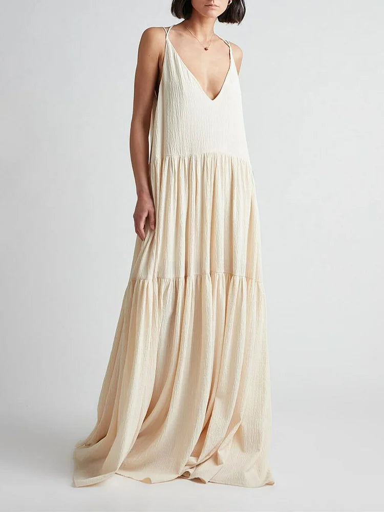 Deep V-Neck Spaghetti Strap Tiered Crinkle Texture Maxi Dress