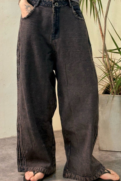 Striped Color Block Drawstring Loose Wide Leg Straight Jeans