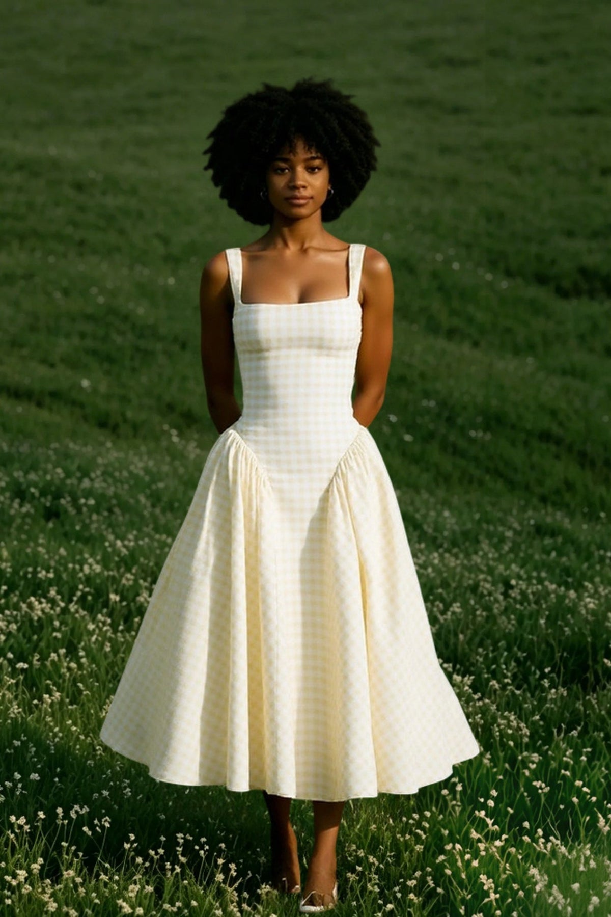 Square Neck Dropped Point Waist Gingham Check Fit and Flare Midi Dress