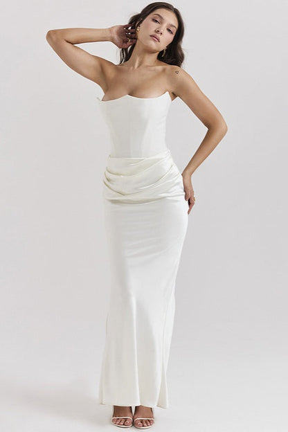 Strapless Corset Boned Ruched Satin Column Maxi Dress