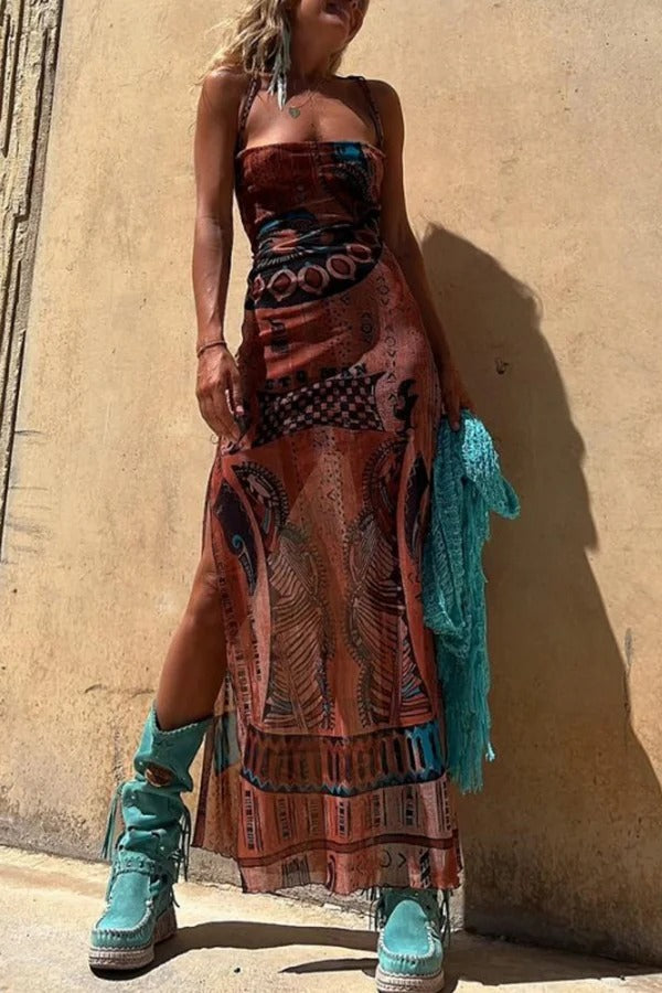 Baroque Print Lace Up Cross Back Halter High Split Maxi Two-Piece Set