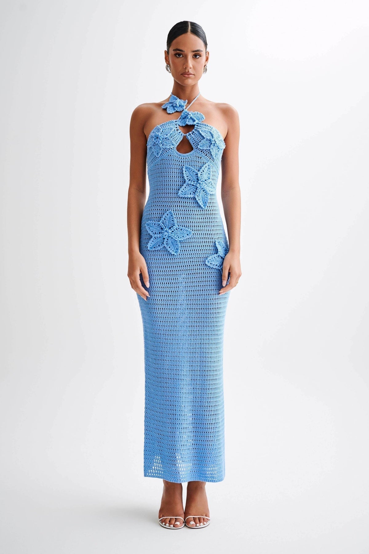 Halter Keyhole Crochet Floral Applique Bodycon Maxi Dress