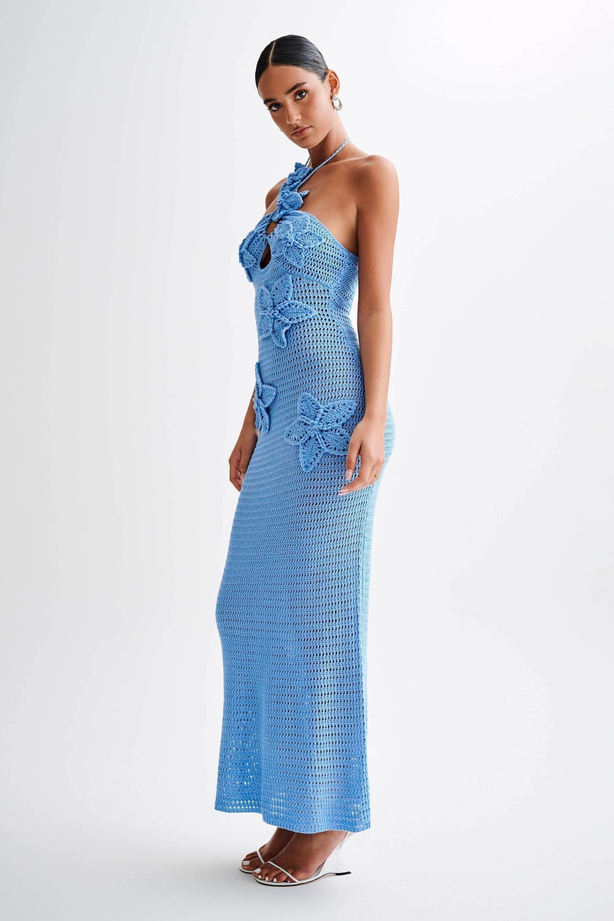 Halter Keyhole Crochet Floral Applique Bodycon Maxi Dress