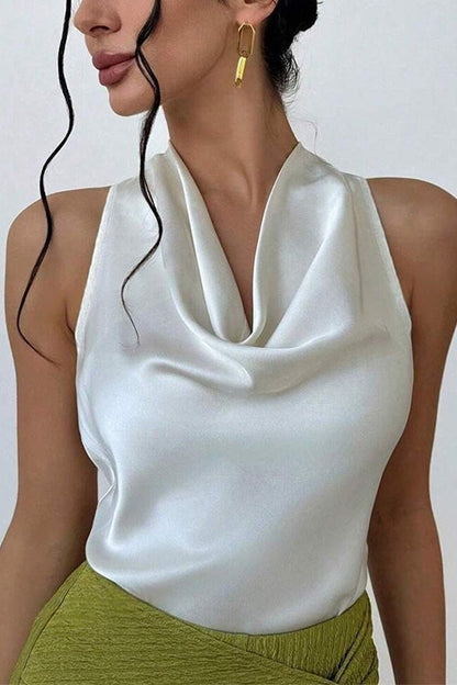 Cowl Neck Sleeveless Bow Back Satin Top