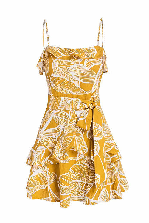 Spaghetti Strap Tie Waist Tropical Print Tiered Mini Dress