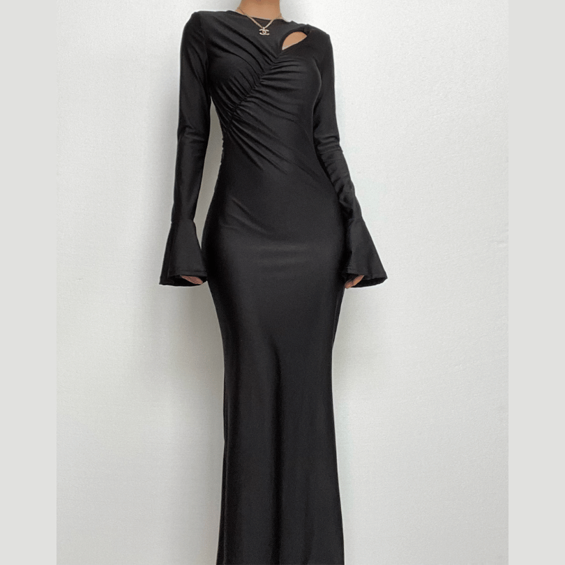 Round Neck Chest Cutout Bell Sleeve Ruched Bodycon Maxi Gown