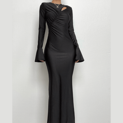 Round Neck Chest Cutout Bell Sleeve Ruched Bodycon Maxi Gown