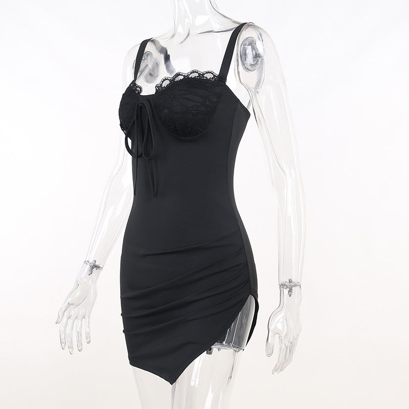 Scalloped Lace Trim Sweetheart Bustier Side Ruched Pointed Hem Mini Dress