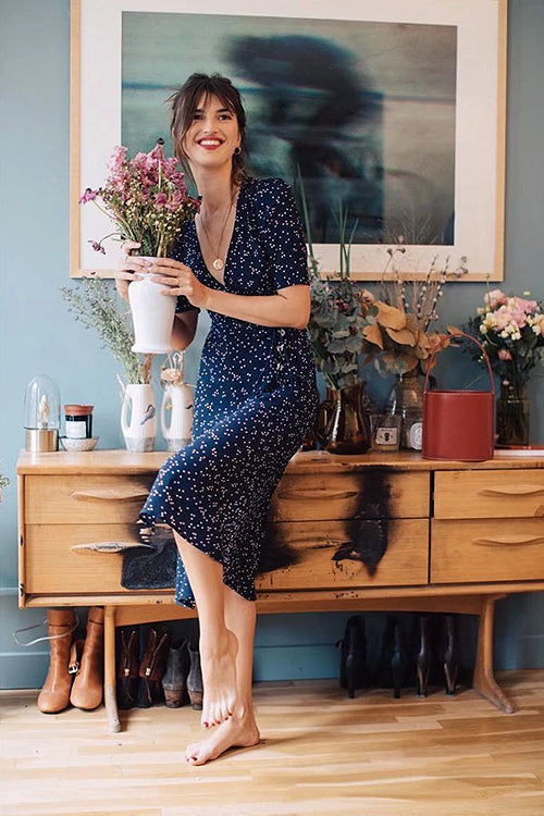 V Neck Ditsy Print Button Front Wrap Midi Dress