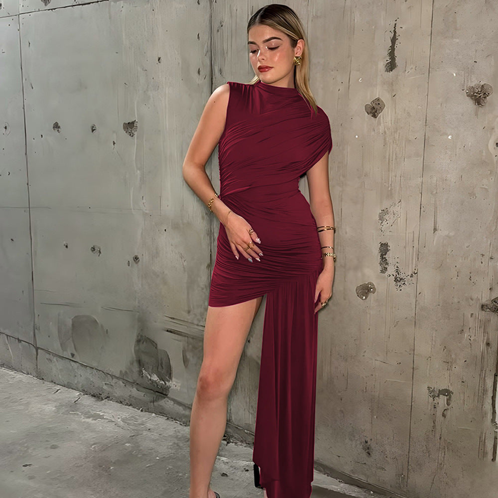 Mock Neck Asymmetric Drape Ruched Mini Dress
