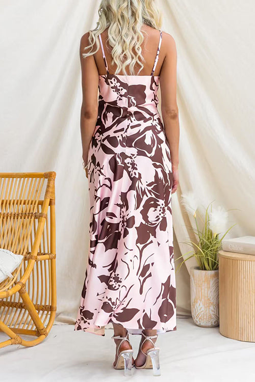 Spaghetti Strap V Neck Floral Print Slit Maxi Dress