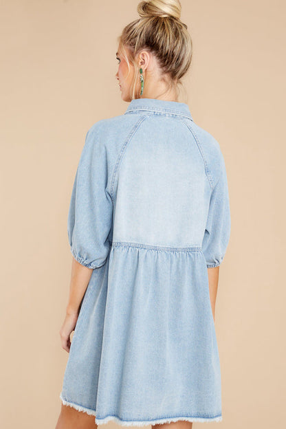 Collar Raglan Puff Sleeve Snap Front Denim Babydoll Dress