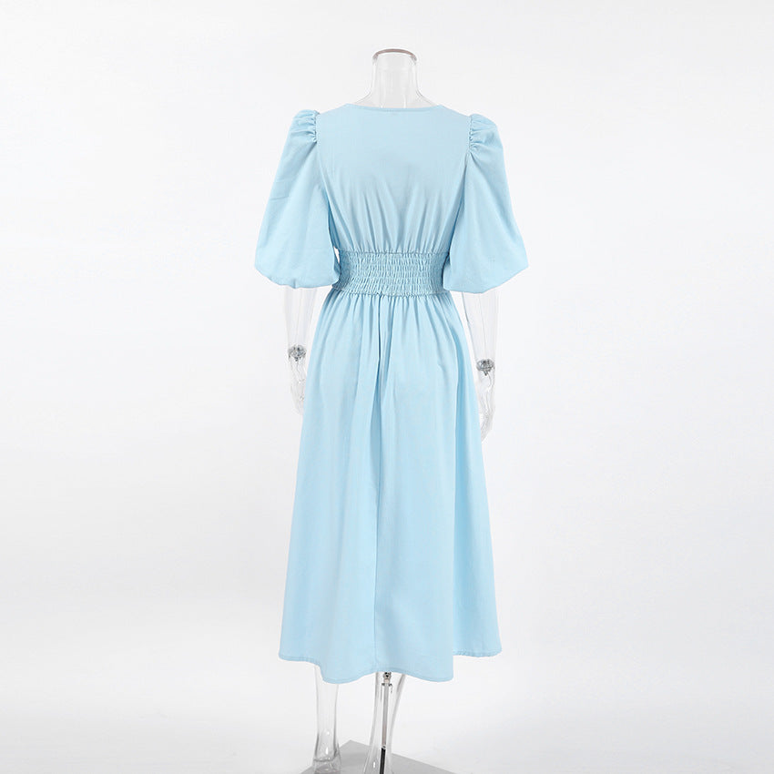 Sweetheart Neck Tie Front Smocked Puff Sleeve Linen Midi Dress